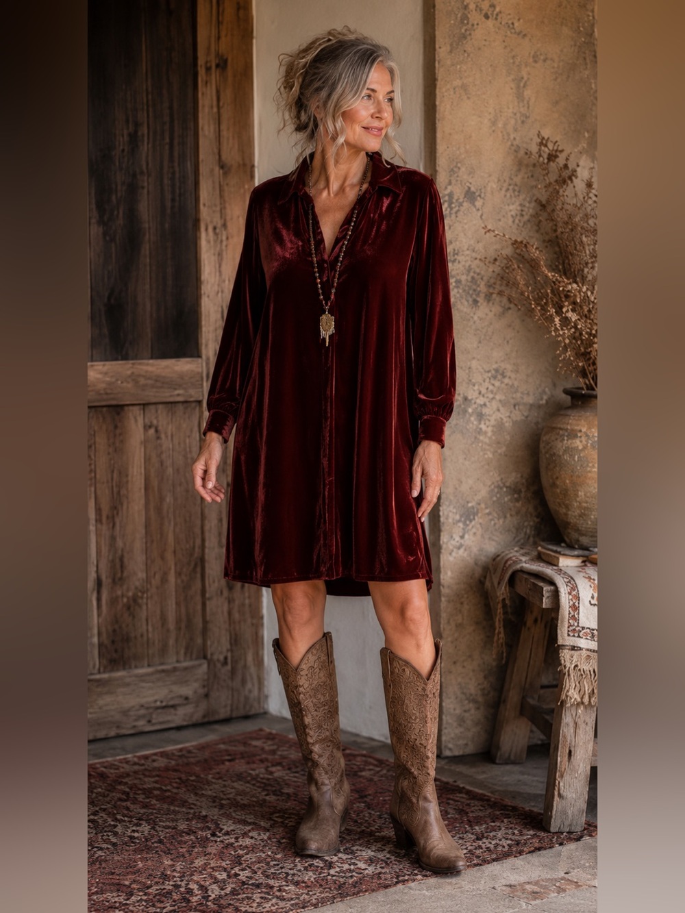 Sundance Velvet Rust Orange Bohemian Western Shift Long Sleeve Dress Sz  Medium